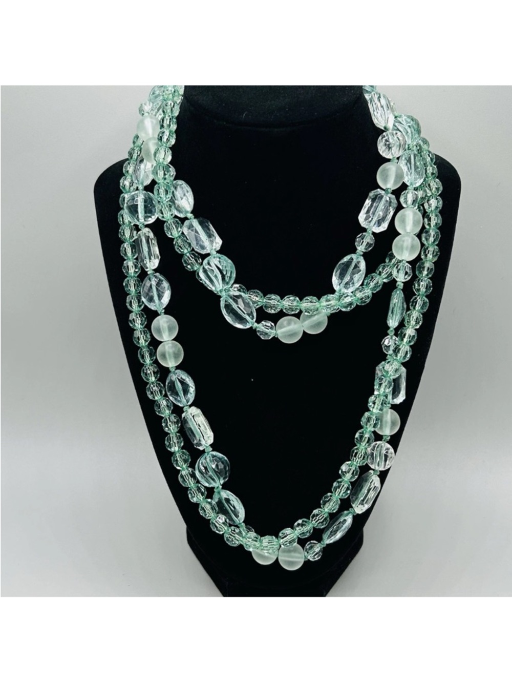 2 Strands of Shiny Mint Green Plastic Beads Faceted & Fabulous 38”